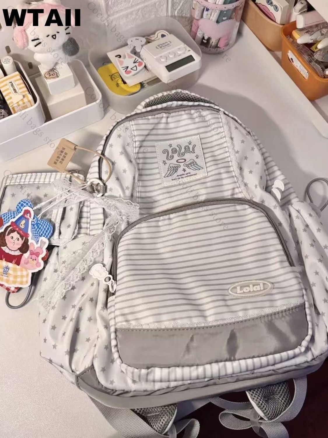 Canvas Backpack Casual - حقيبة ظهر عصرية مخططة منقطة للفتيات