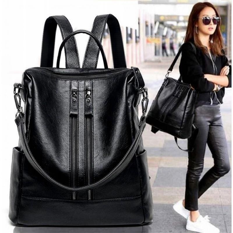 Canvas Backpack Casual - المرأة حقيبة جلدية ناعمة مدرسة سوداء