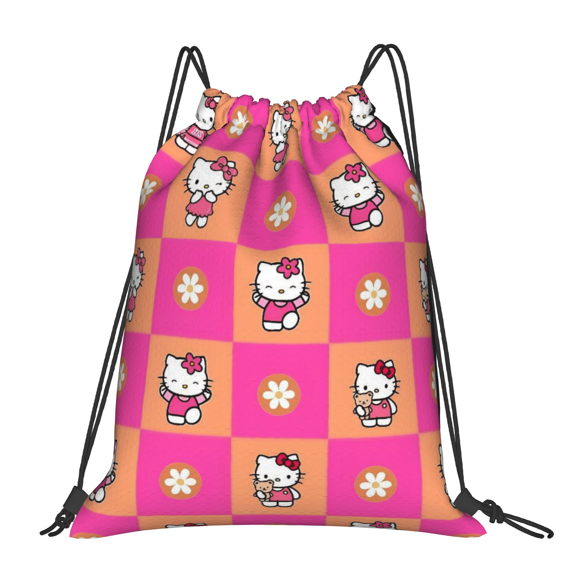 Drawstring Gym Bag - حقيبة ظهر وردية اللون بنمط مربعات،
