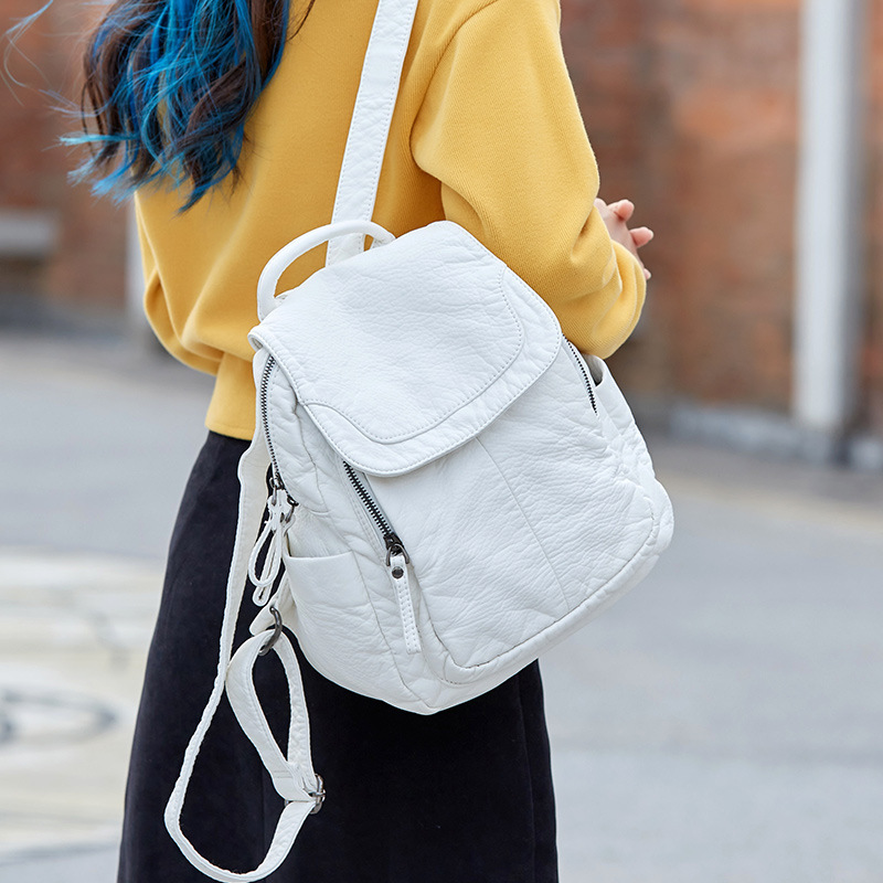 Fashion Backpack Women - حقيبة ظهر من الجلد الأبيض المغسول